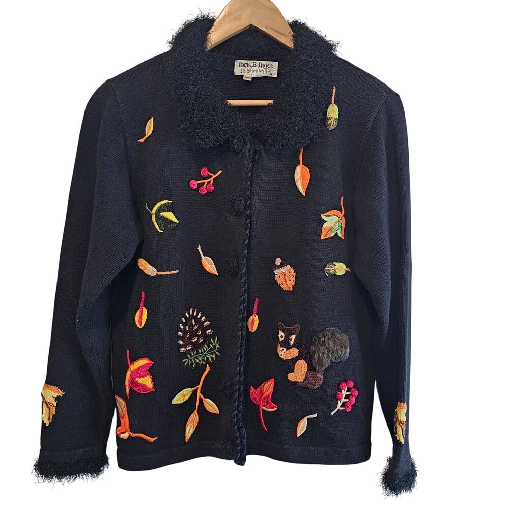 Vintage Jack B Quick Cardigan Women Med Black Floral Glam Grandmacore Squirrel